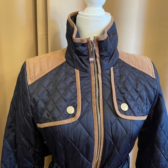 NEW! Vince Camuto Navy Blue and Tan Belted Jacket Size XS - Picture 5 of 15